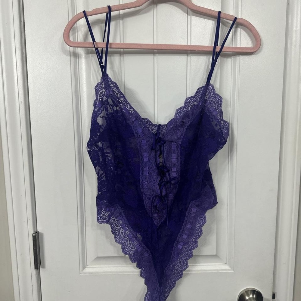 Victoria Secret  vintage 90s gold label purple lace bodysuit with ties. M